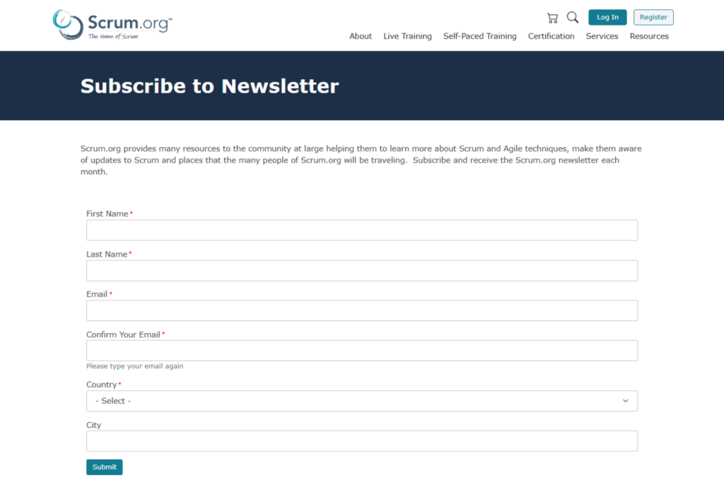 Scrum.org Newsletter subscription page for Scrum and Agile updates
