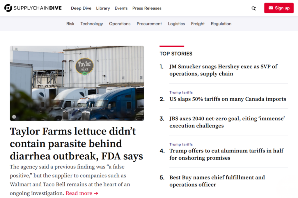 Supply Chain Dive homepage with featured supply chain news stories