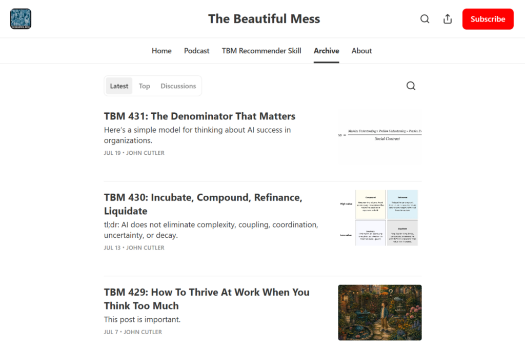 The Beautiful Mess newsletter archive with recent articles on AI and work