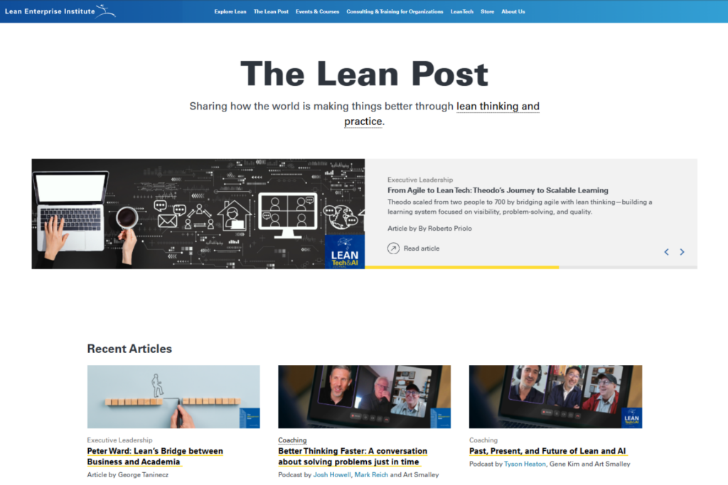 The Lean Post homepage with featured lean management articles