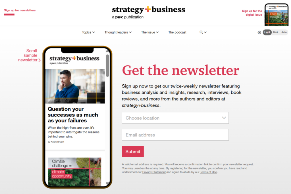 strategy+business newsletter signup page with a sample issue preview
