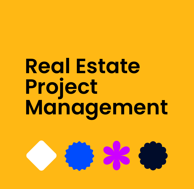 Real estate project management text on orange background