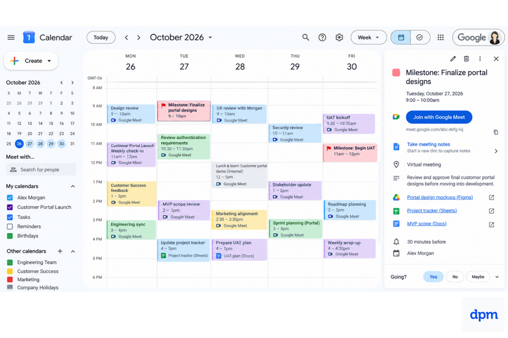 Screenshot van Google Agenda met vergaderingen, projecten, taken en meer.
